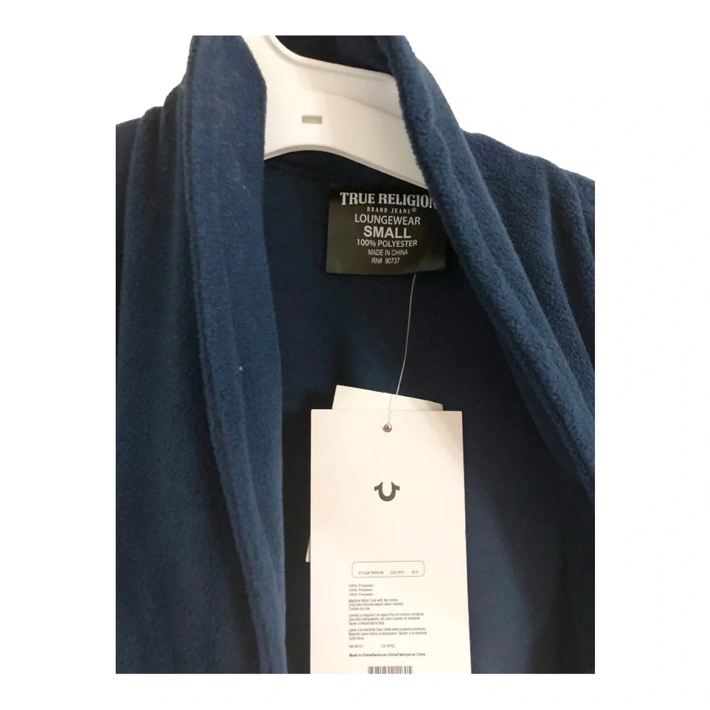 True Religion dark navy blue fleece silver logo lounge bath robe size small new‎